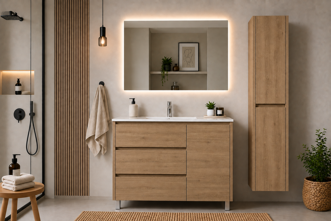Badmöbel-Set VOLUM mit Waschbecken + LED-Spiegel + 140-cm-Hochschrank + Einhebelmischer – Estepa – 80/100/120 cm