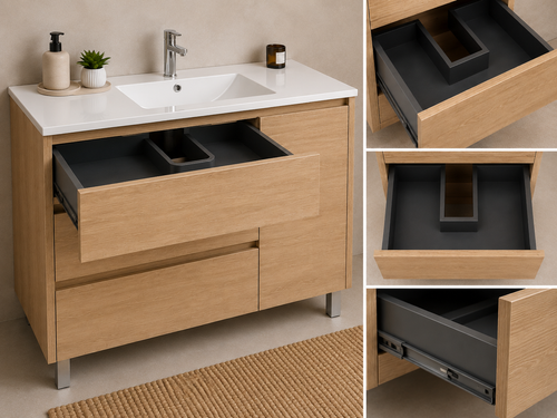 Badmöbel-Set VOLUM mit Waschbecken + LED-Spiegel + 140-cm-Hochschrank + Einhebelmischer – Estepa – 80/100/120 cm