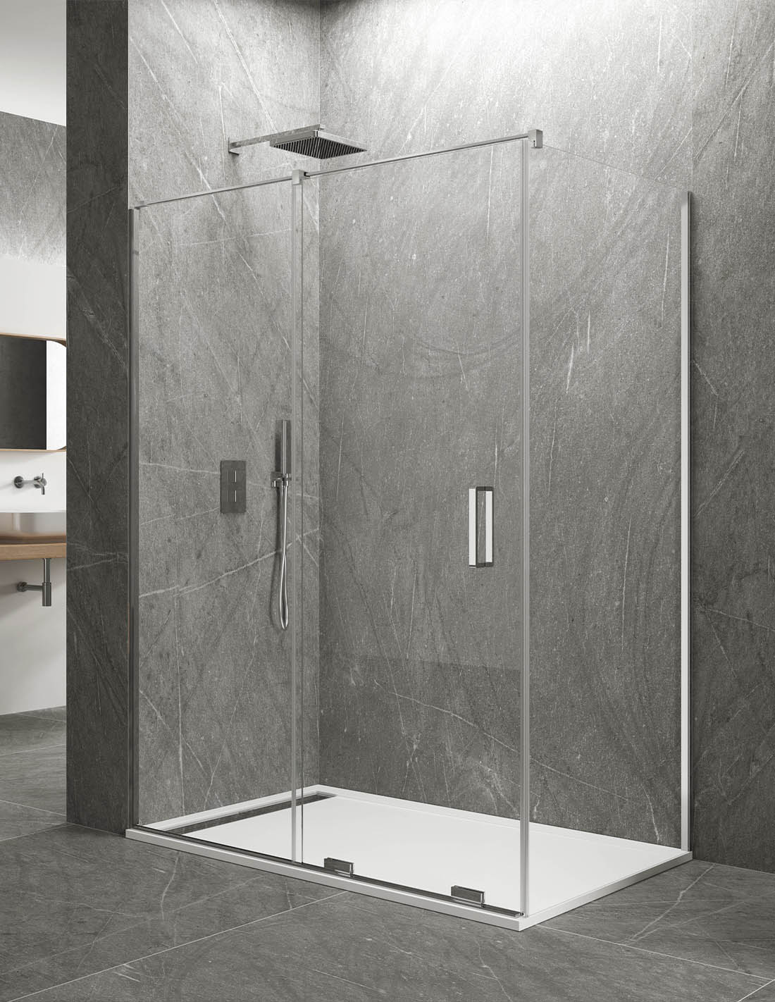 Eckduschkabine 1+1 mit festem Seitenteil KERES, ohne untere oder obere Profile, 8 mm Glas