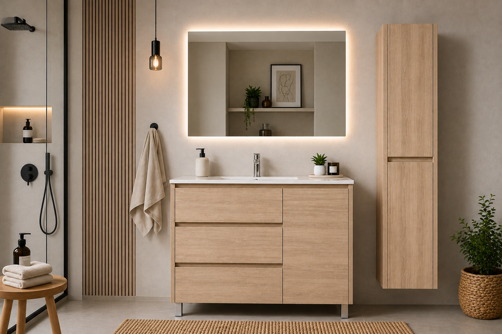 Badmöbel-Set VOLUM mit Waschbecken + LED-Spiegel + 140-cm-Hochschrank + Einhebelmischer – Estepa – 80/100/120 cm