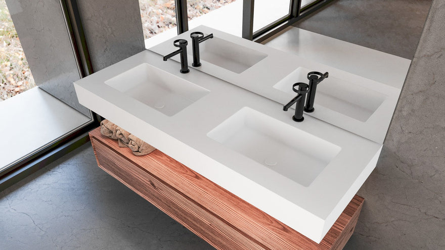 LEX Solid Surface Waschtischplatte mit 2 Unterbaubecken, Frontblende bis 12 cm